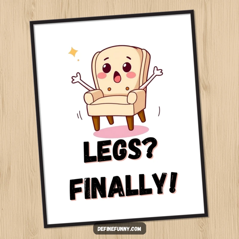 Funny poster print showing a surprised chair character with legs running away, highlighting a humorous and chaotic escape scene.