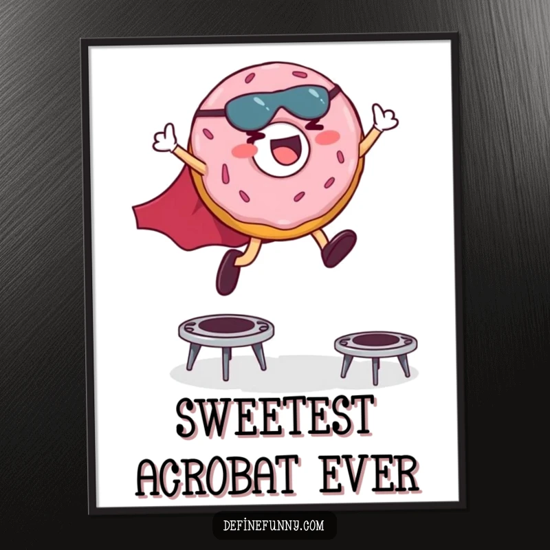 Funny poster art of a giggling donut hero in a cape leaping dynamically over miniature trampolines with boundless energy.