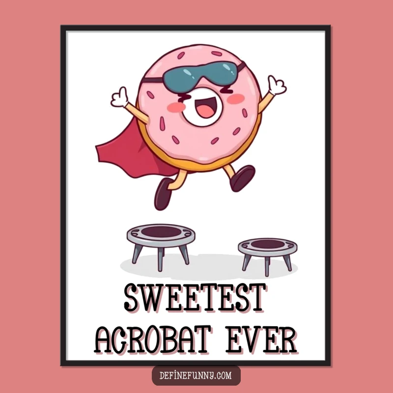 Funny Superhero Donut Poster: Giggling Hero Trampoline Leaps Wall Art