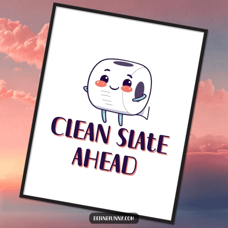 Funny Poster: Cheerful toilet paper roll character unrolling itself with glee, creating humorous wall art that celebrates everyday essentials and joy.