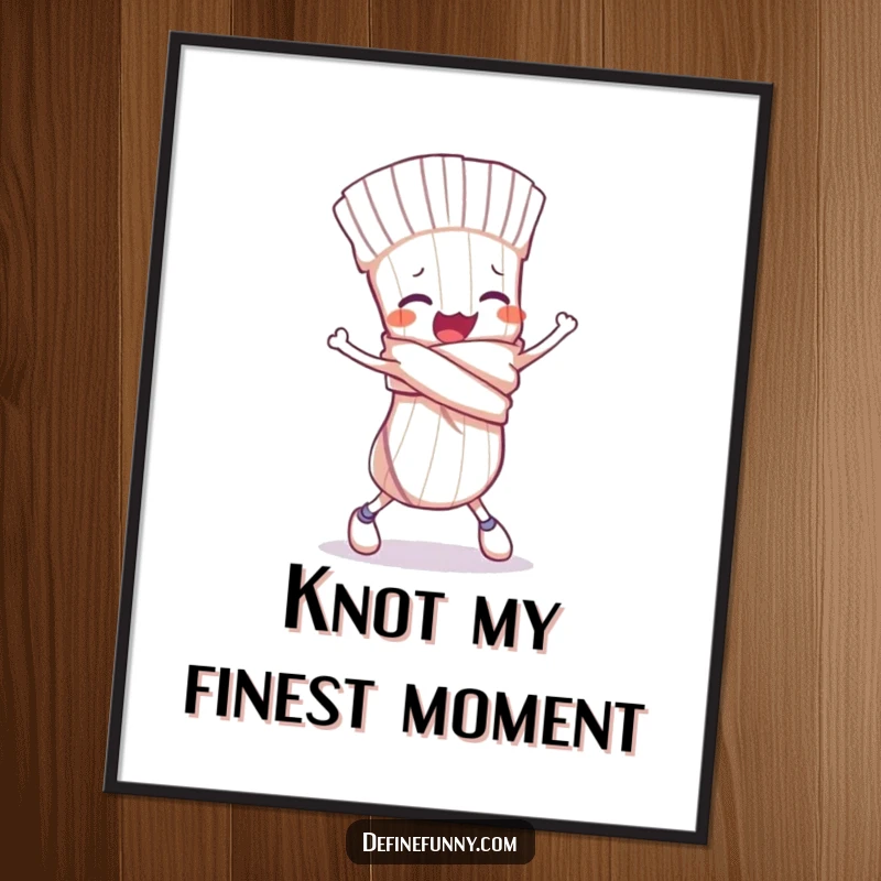 Funny poster print showing a clumsy sock character tied in a knot, comically tripping, illustrating a humorous and chaotic scene.