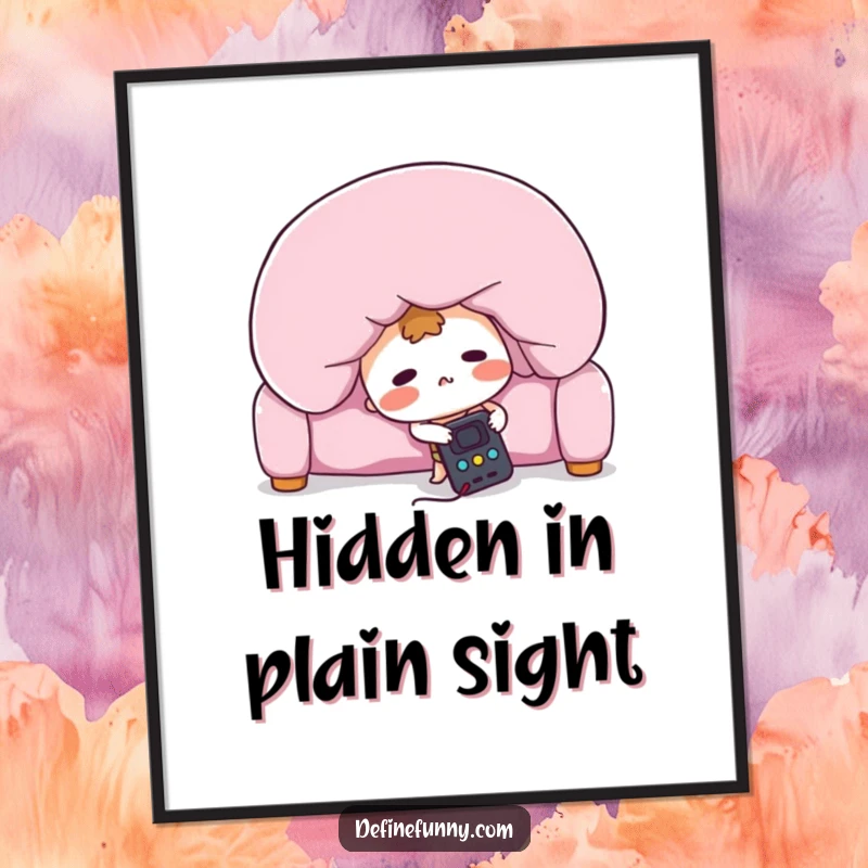 Funny poster print showing a blushing remote control character frantically searching under a giant sofa cushion, illustrating a humorous search.