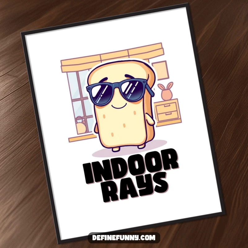 Funny bread poster depicting a grinning loaf comically wearing sunglasses indoors, cool and humorous wall art.