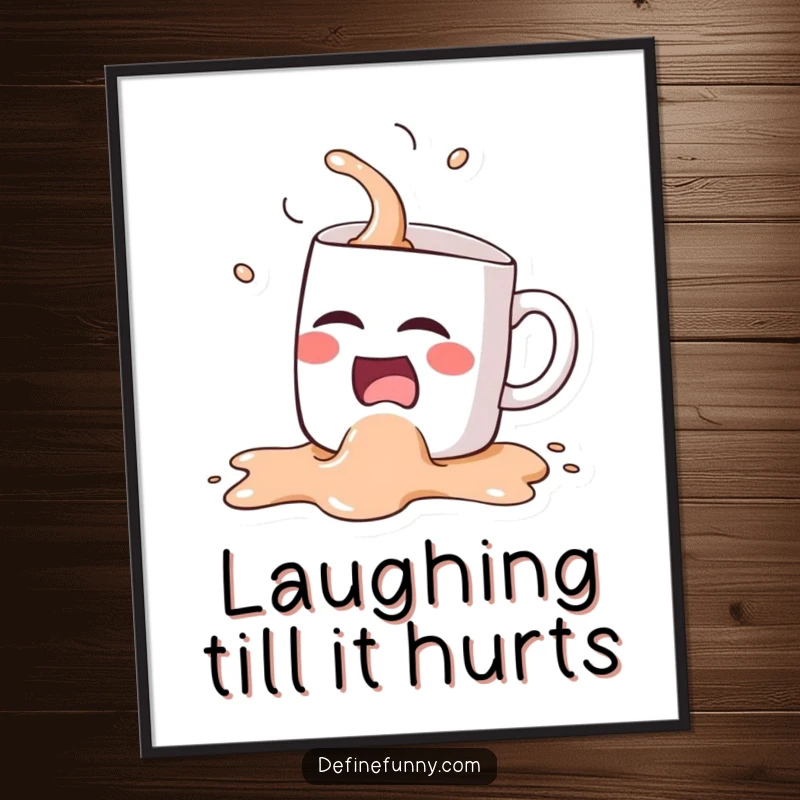 Funny Kawaii coffee mug character, spilling its coffee while laughing hysterically, presented as vibrant wall art.