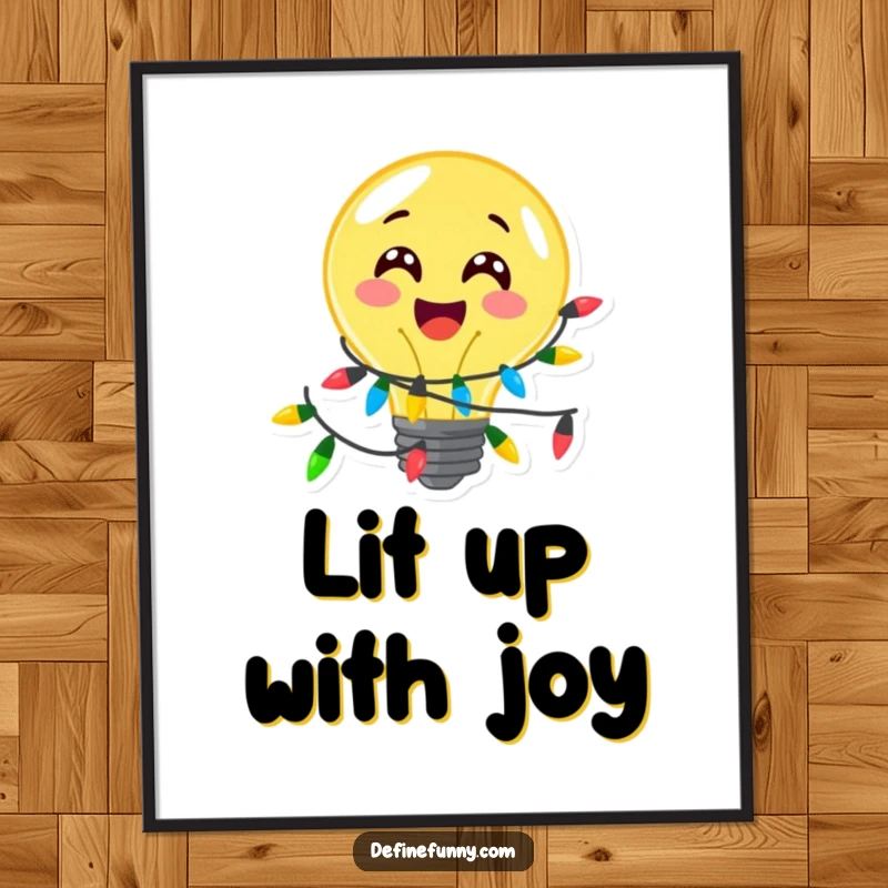 Funny, delighted lightbulb character adorned with festive lights, as a poster, a perfect funny gift.