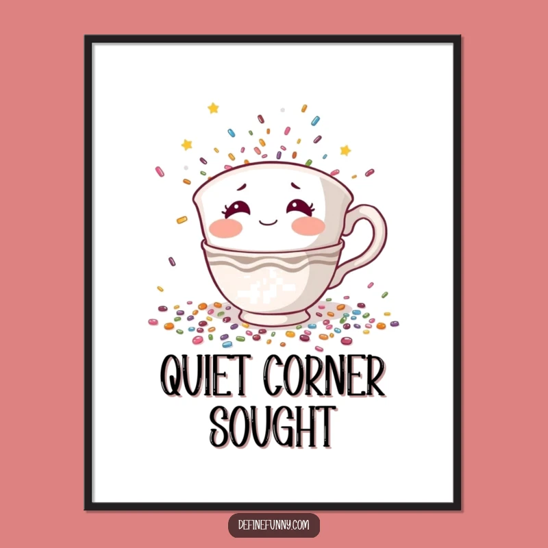 Funny Teacup Hiding Poster: Shy Confetti Panic Art, Hilarious Wall Decor Gift