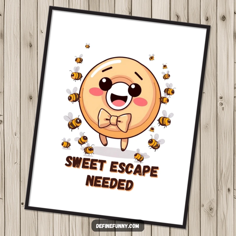 Funny donut character in bow tie, running from angry bees, a humorous cartoon poster for decor.