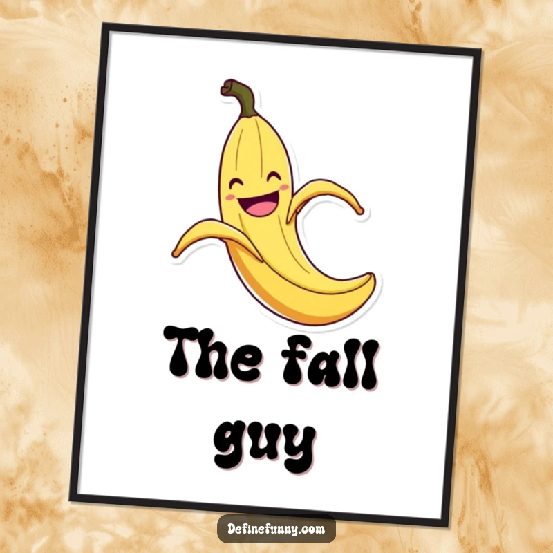 Funny Banana Peel Slip Poster: Wall art print of a grinning banana peel comically slipping with exaggerated flair, a funny and retro statement piece.