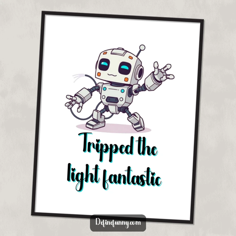 Funny poster showcasing a robot comically tripping over its own massive wires, arms and legs flailing in a chaotic, humorous pose.