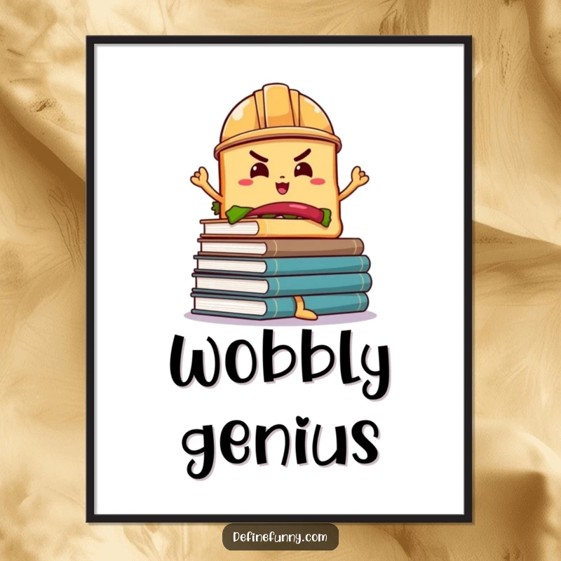 Funny Sandwich Book Balance Poster: A determined sandwich in a hard hat balancing a wobbly stack of books, framed for impact.