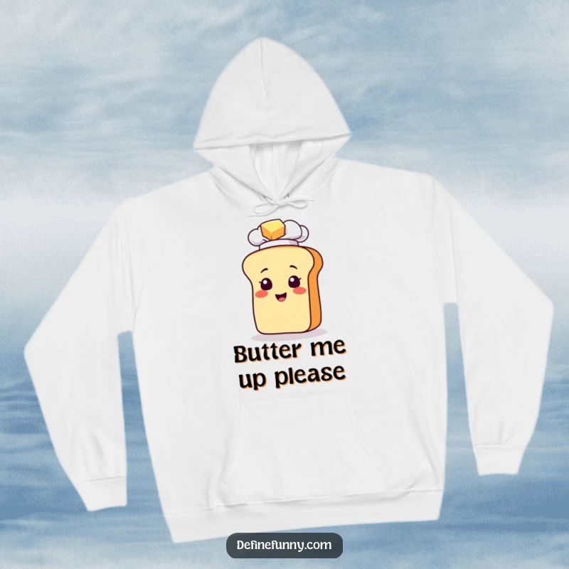 Funny hoodie depicting a smiling bread chef character dramatically slipping on a pat of butter, a hilarious design for food lovers.