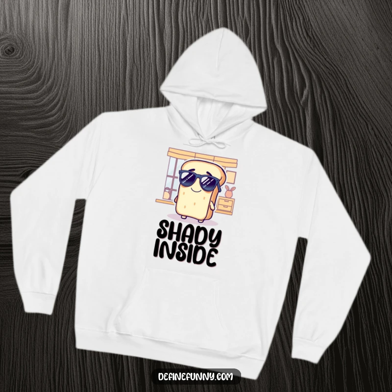 Funny bread hoodie showing a grinning loaf comically wearing sunglasses indoors, perfect cozy gift for cool cats.