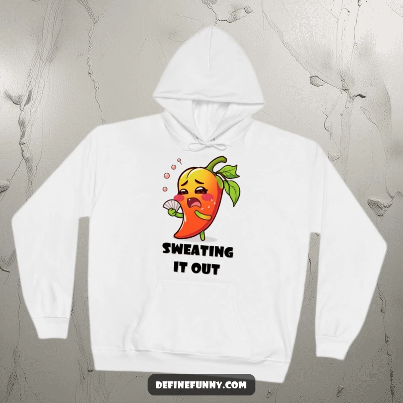 Funny chili pepper hoodie, surprised expression, sweating and fanning itself, perfect cozy gift for spice lovers.