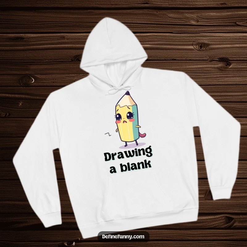 Funny hoodie showing a nervous pencil character drawing its own escape route, ideal for cozy, creative moments.