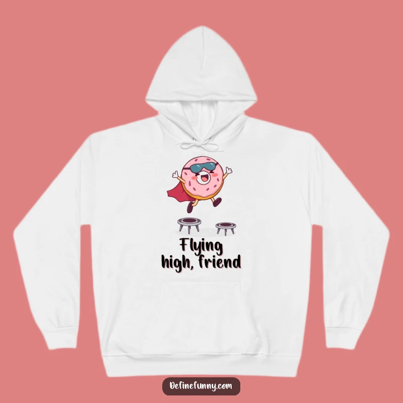 Funny Superhero Donut Hoodie: Cozy Giggling Hero Leaping Over Trampolines Gift