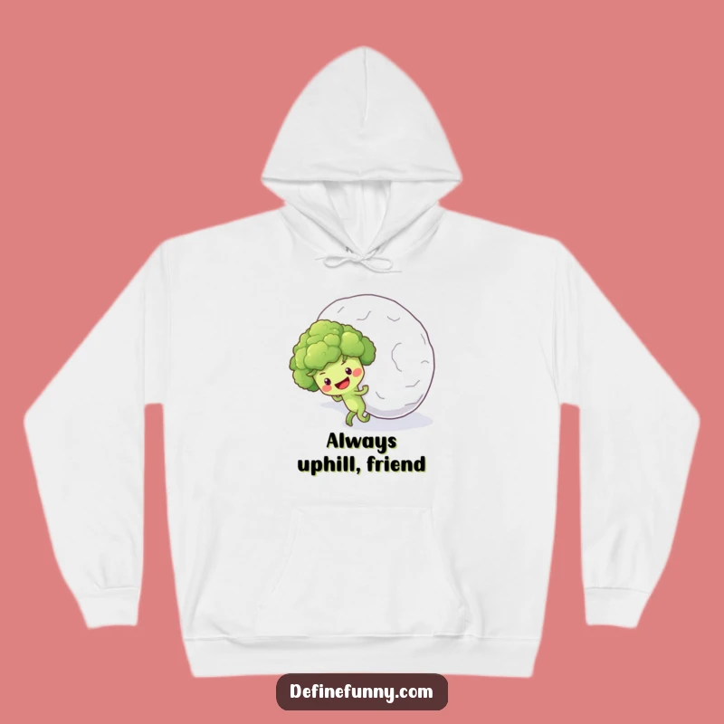 Funny Broccoli Snowball Hoodie: Cozy Optimistic Veggie Uphill Push Gift