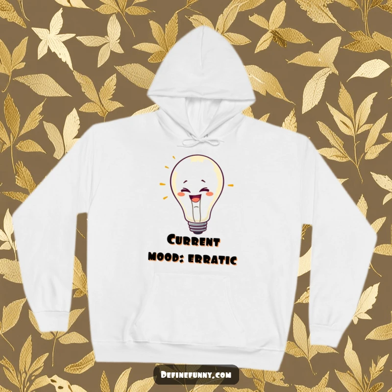 Funny hoodie showing a mischievous lightbulb character with a grin, flickering erratically, offering comfort and a humorous visual.