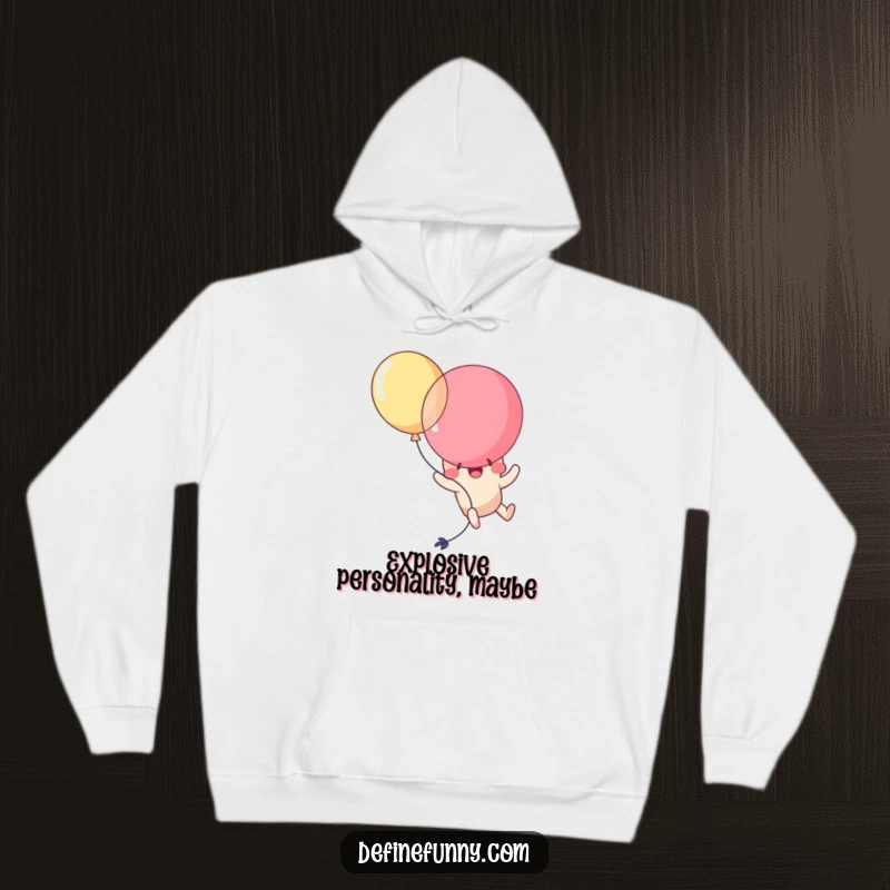 Funny Kawaii balloon character comically popping itself mid-air, looking surprised and delighted. A humorous and cozy hoodie.