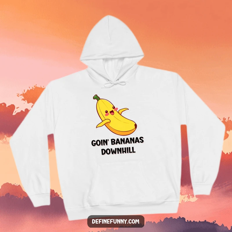 Funny Kawaii banana character gleefully sliding down its peel, offering a warm and humorous design on a cozy hoodie.