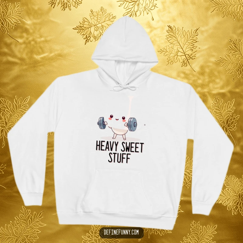 Funny Kawaii dumbbell character struggling to lift a giant marshmallow, depicted on a cozy, humorous hoodie. A funny gift.