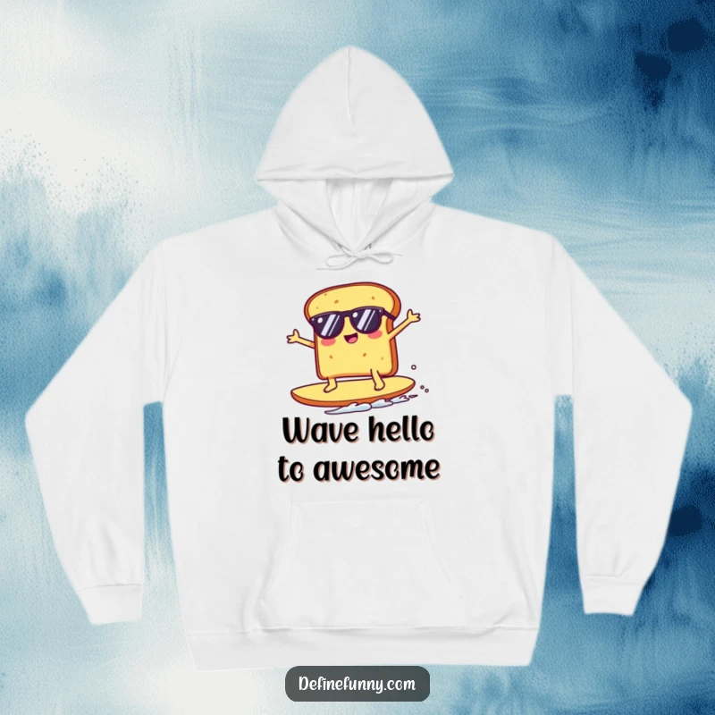 Funny Kawaii toast character with sunglasses riding a giant crumb, depicted on a cozy hoodie, radiating playful and comical vibes.