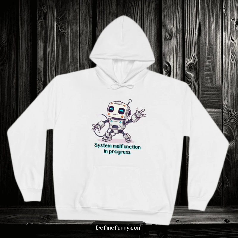 Funny hoodie featuring a clumsy robot caught mid-fall, tangled in its own giant wires, arms and legs flailing wildly.