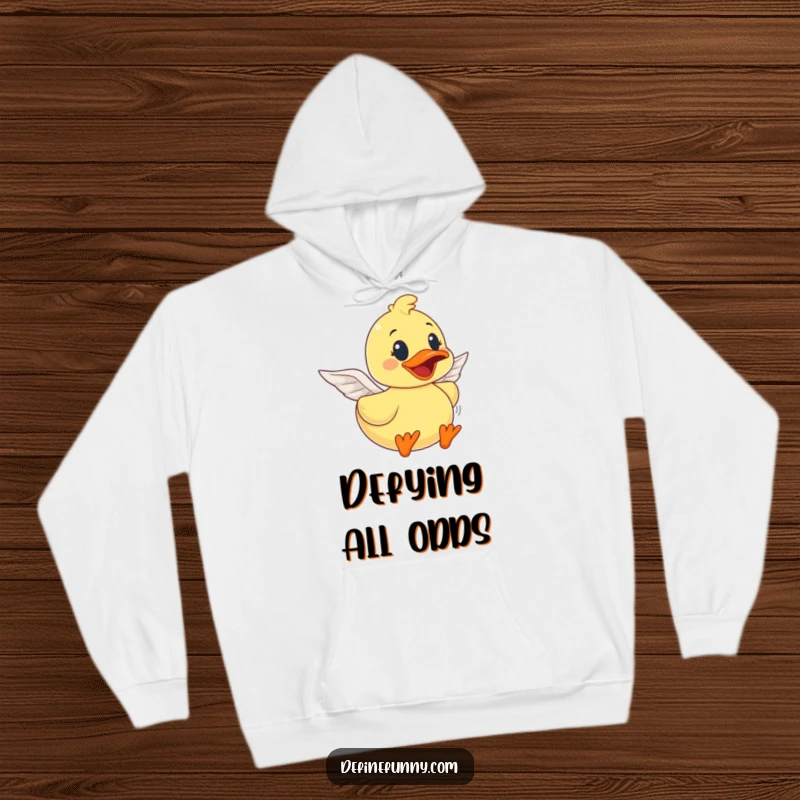 Funny rubber duck character with tiny paper wings, attempting flight with determination, featured on a warm hoodie, ideal funny gift.