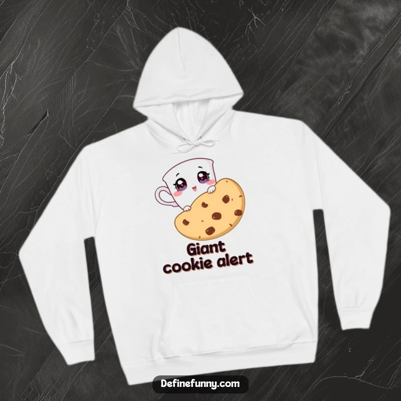 Funny hoodie featuring a teacup character with wide, surprised eyes peeking over a giant cookie, perfect for cozy humor.