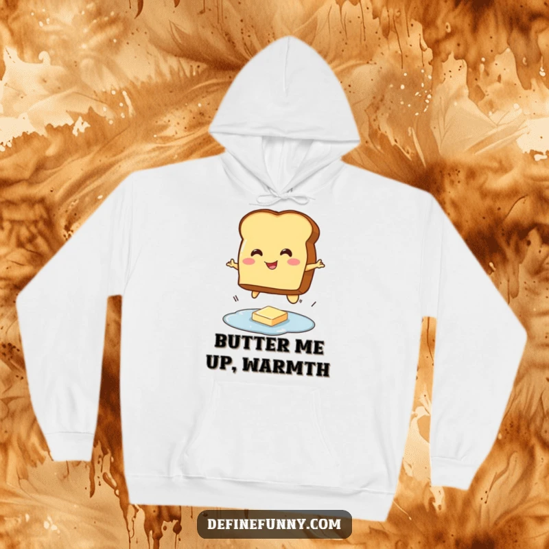 Funny hoodie illustration of a smiling toast character jumping over a small butter puddle, a humorous breakfast moment captured.