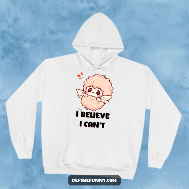 Funny bewildered fluffy slipper character with tiny paper wings attempting flight, on a cozy hoodie.