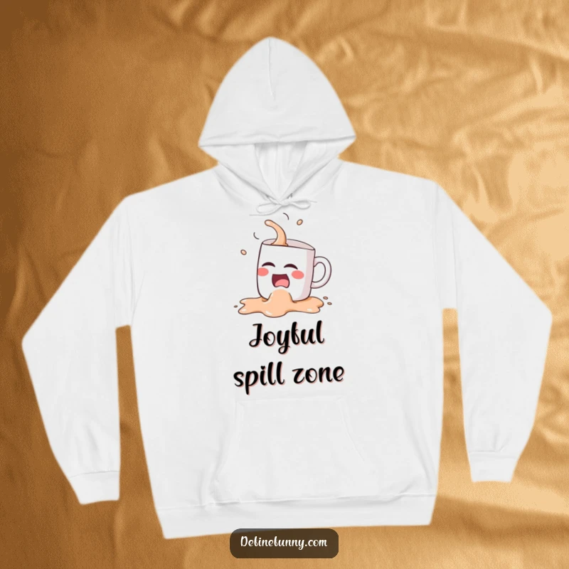 Funny Kawaii coffee mug character, spilling its brew while laughing hysterically, on a warm and humorous hoodie.