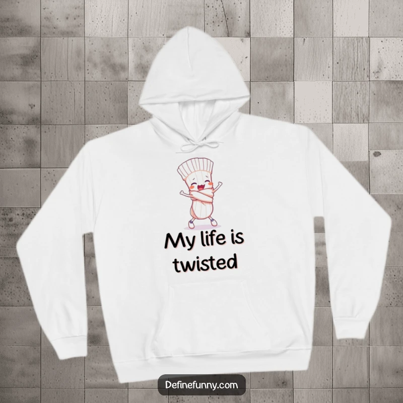 Funny hoodie featuring a clumsy sock character tied in a knot, comically tripping, offering comfort and a humorous visual.