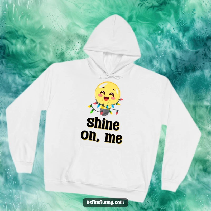 Funny, delighted lightbulb character twinkling with festive lights, on a warm hoodie, an ideal funny gift.