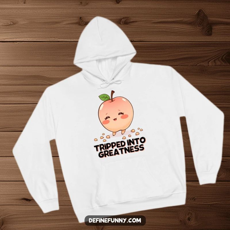 Funny shy apple character, blushing deeply, tripping, scattering seeds, cozy hoodie, humorous and sweet, great gift.