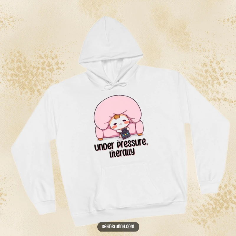 Funny hoodie showing a blushing remote control character frantically searching under a giant sofa cushion, offering warmth and humor.