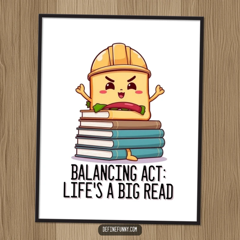 Funny Free Printable Wall Art: Determined sandwich in a hard hat balances a huge stack of wobbly books.