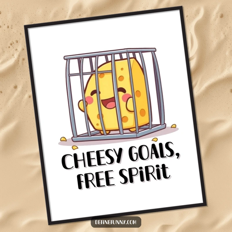 Funny Free Printable Wall Art: A Kawaii cheese character joyfully breaks free from a tiny, barred cage.