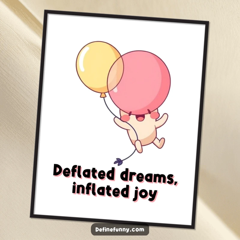 Funny Free Printable Wall Art: Kawaii balloon character comically popping itself while trying to fly, adding quirky humor to decor.