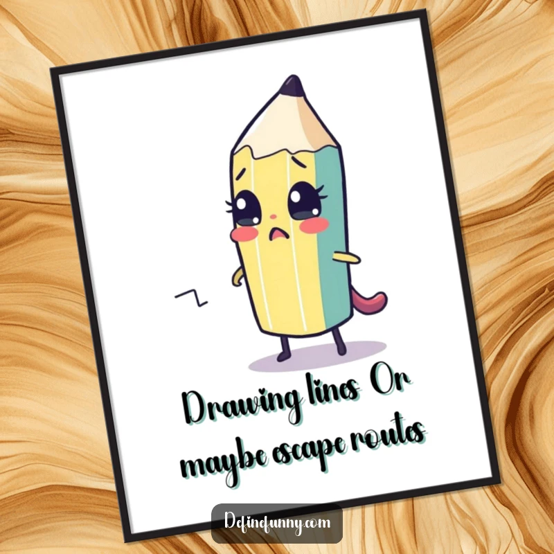 Funny Free Printable Wall Art: A nervous pencil character diligently drawing its own escape route on a piece of paper.