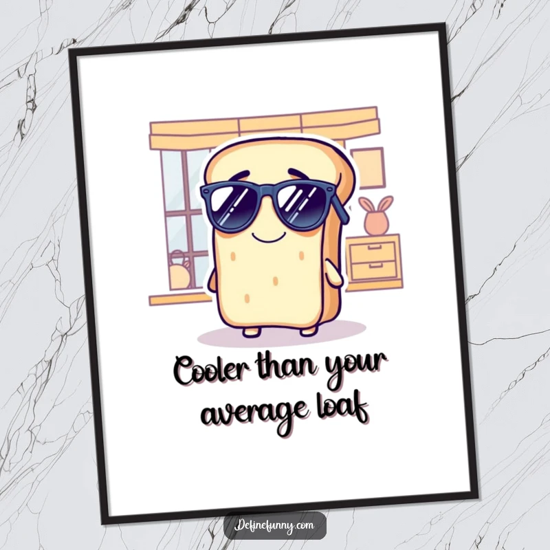 Funny Free Printable Wall Art: A smiling bread loaf character comically wearing sunglasses indoors, exuding effortless cool and quirky charm.