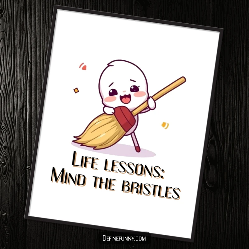 Funny Free Printable Wall Art: A clumsy broom character comically trips over its own bristles, creating a mess.