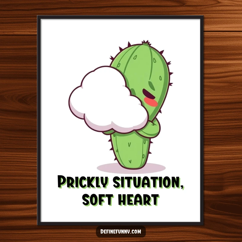 Funny Free Printable Wall Art: A Kawaii cactus character looks uncomfortable while attempting to hug a soft, fluffy cloud.