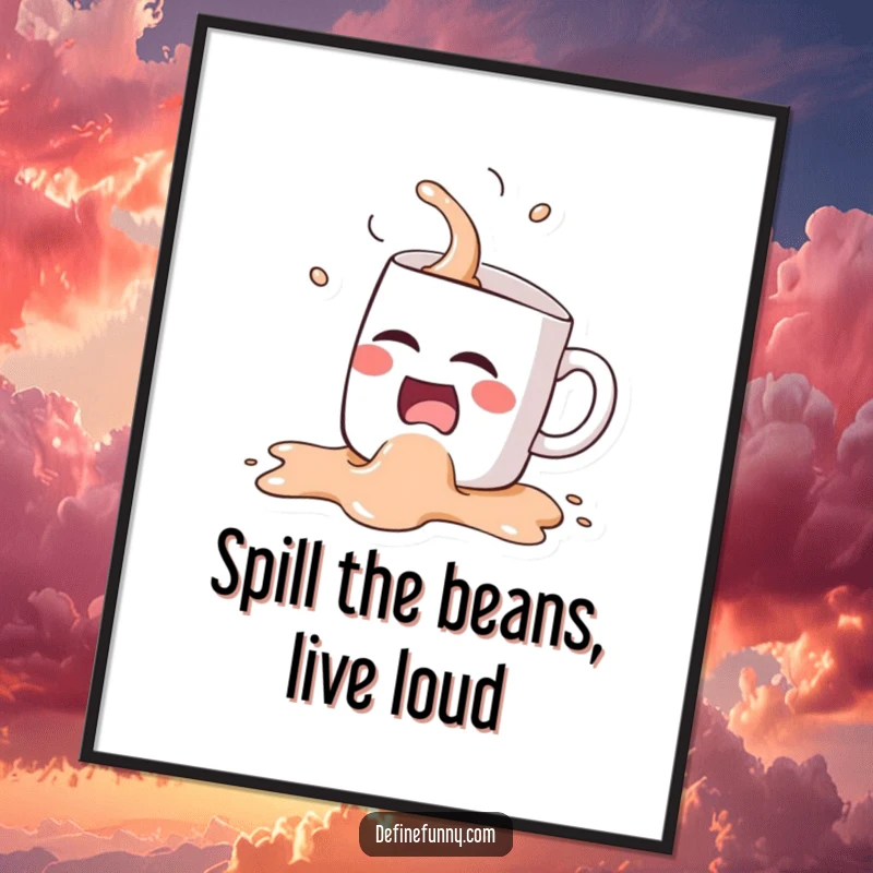 Funny Free Printable Wall Art: A Kawaii coffee mug character is laughing hysterically and spilling its contents everywhere.