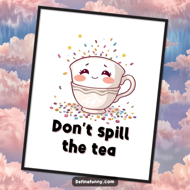 Funny Free Printable Wall Art: Shy teacup character with rosy cheeks desperately tries to hide from a raining shower of confetti.