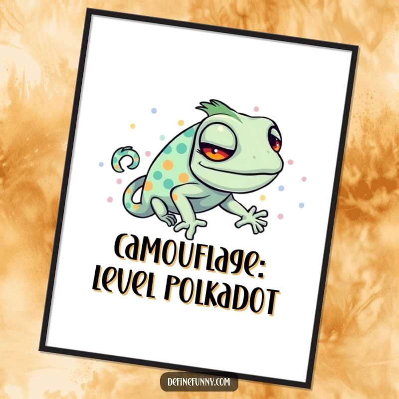 Funny free printable wall art: A sly chameleon hilariously tries to blend into a bright, chaotic polka-dotted pattern.