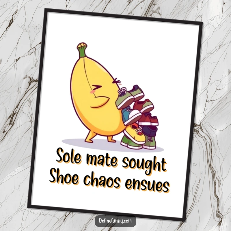 Funny Free Printable Wall Art: A plump banana character winks while balancing a teetering pile of tiny, mismatched shoes.