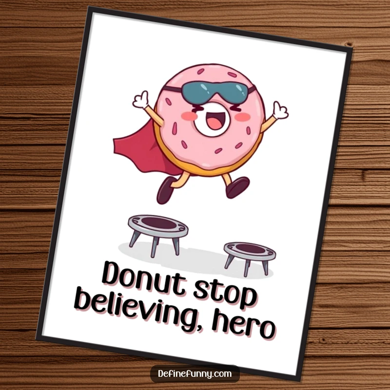 Funny Free Printable Wall Art: Giggling donut in a superhero cape leaps over trampolines, adding fun decor.