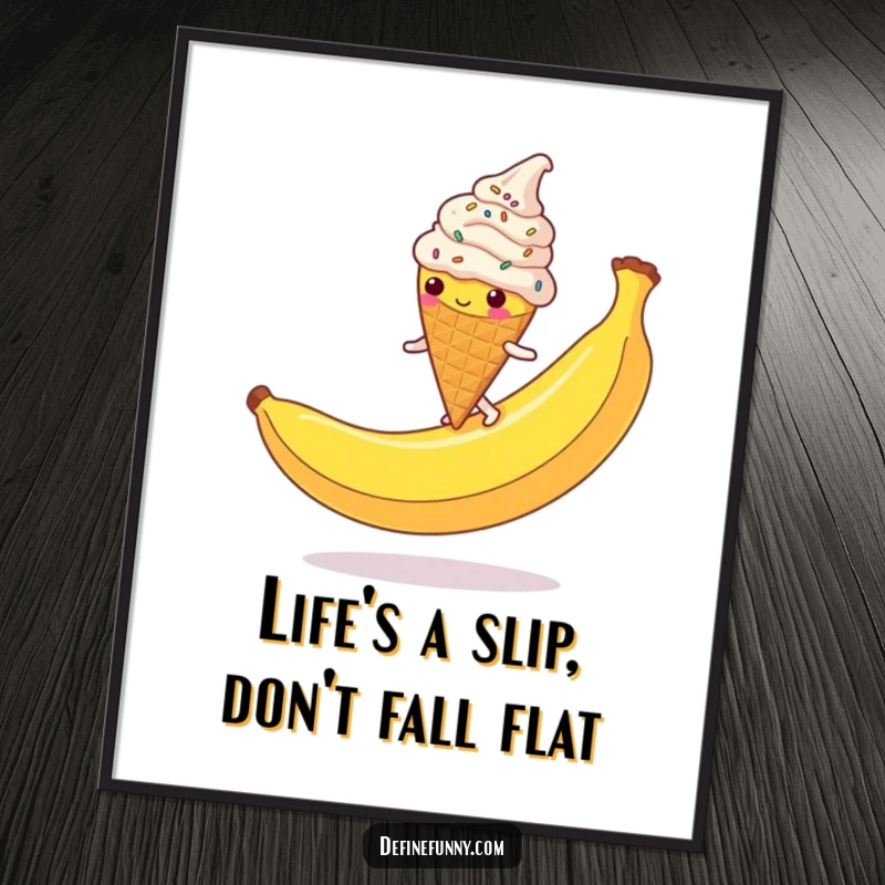 Funny Free Printable Wall Art: Clumsy ice cream cone covered in sprinkles slips on a giant banana peel.