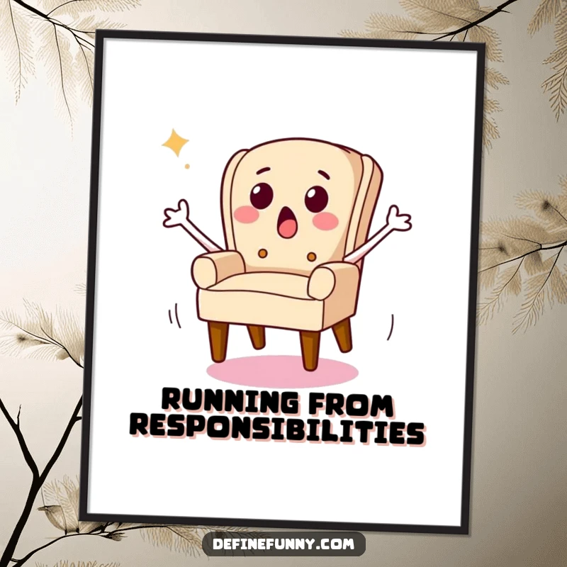 Funny Free Printable Wall Art: A chair character excitedly sprouts legs and runs off the page.