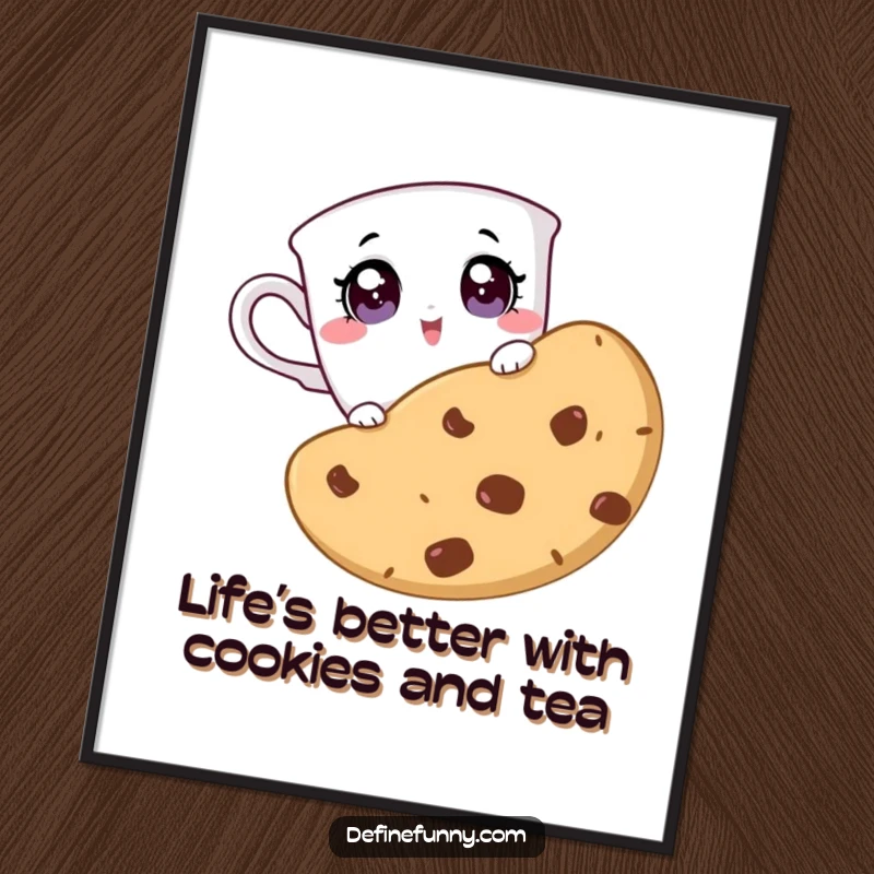 Funny Free Printable Wall Art: A curious teacup peeking over a giant cookie with wide, surprised eyes, bringing whimsy to decor.